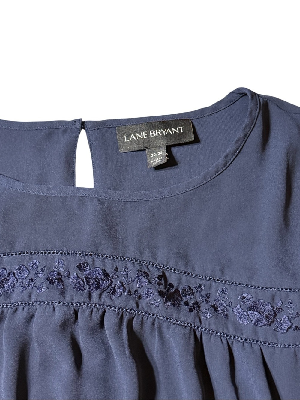 Lane Bryant Blouse 22/24 Plus Navy Blue Lace Yoke Pintuck Long Sleeve Top - Picture 2 of 3